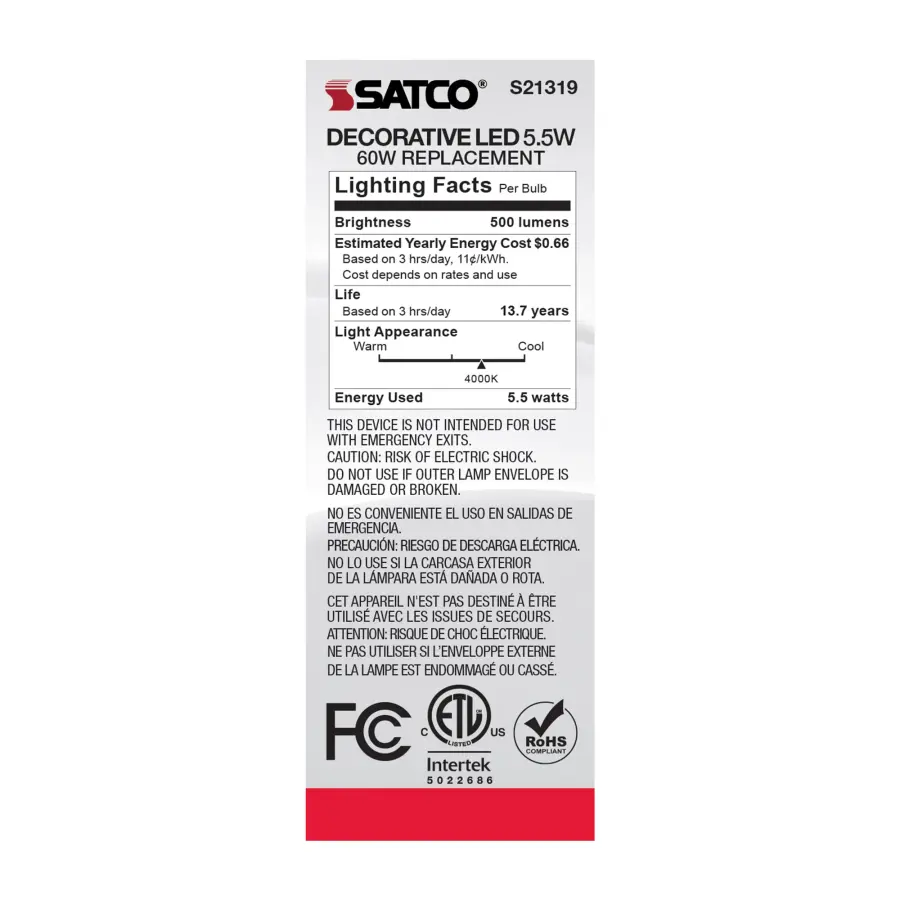 5.5 Watt CA10 LED Filament - Clear - Medium base - 90 CRI - 4000K - 120 Volt - Image 6
