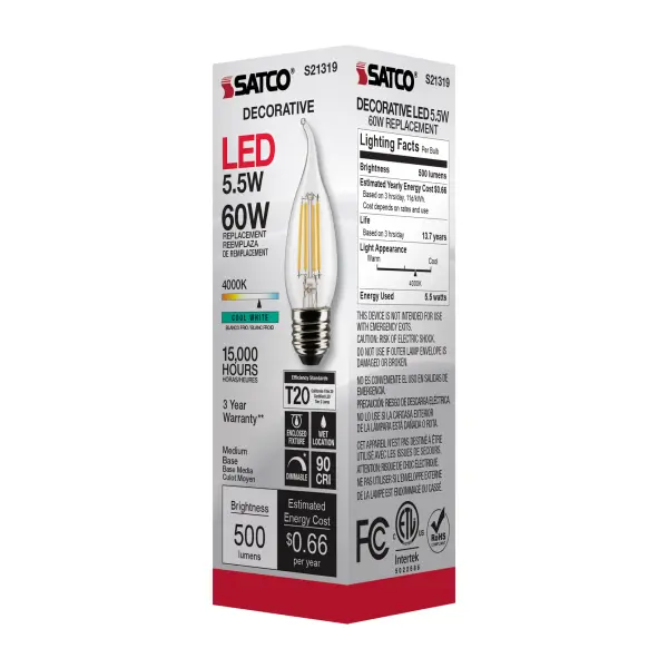 5.5 Watt CA10 LED Filament - Clear - Medium base - 90 CRI - 4000K - 120 Volt - Image 8