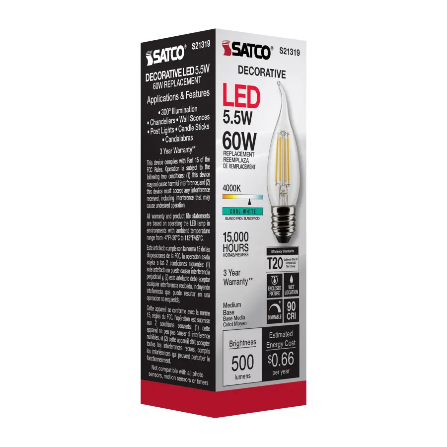 5.5 Watt CA10 LED Filament - Clear - Medium base - 90 CRI - 4000K - 120 Volt - Image 9