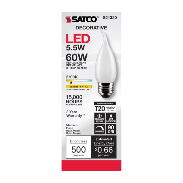 5.5 Watt CA10 LED Filament - Frost - Medium base - 90 CRI - 2700K - 120 Volt - Image 4