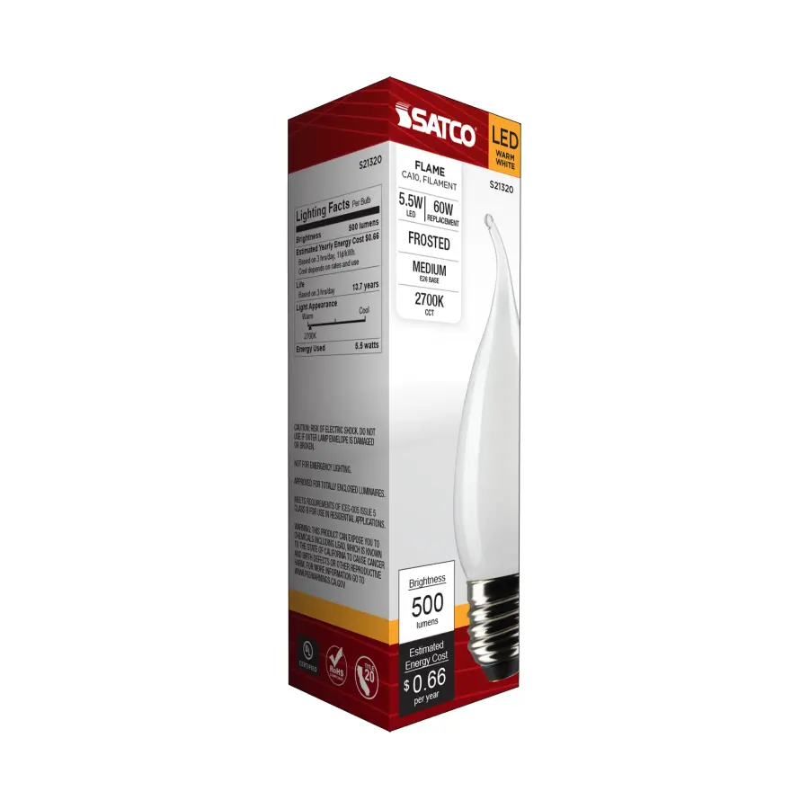 5.5 Watt CA10 LED Filament - Frost - Medium base - 90 CRI - 2700K - 120 Volt - Image 9