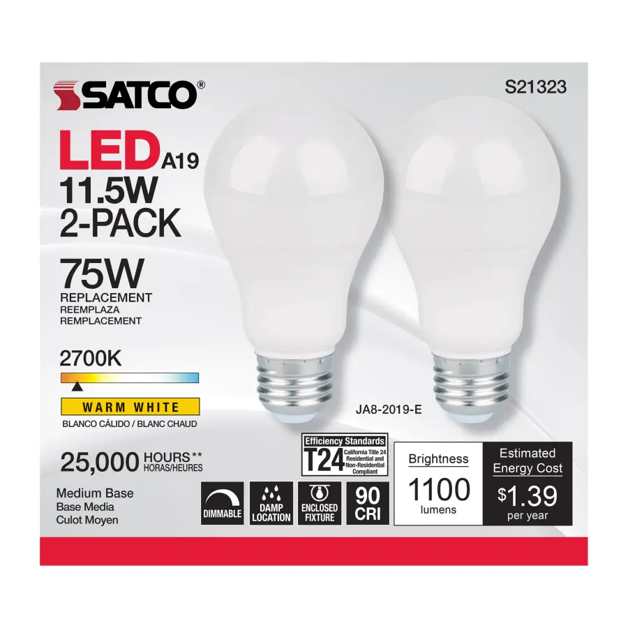 11.5 Watt - A19 LED - 90CRI - 2700K - Medium base - 220 deg. Beam Angle - 120 Volt - 1100 Lumens - CEC - 2-pack - Image 2