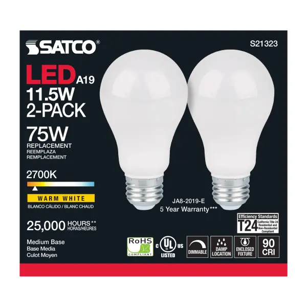 11.5 Watt - A19 LED - 90CRI - 2700K - Medium base - 220 deg. Beam Angle - 120 Volt - 1100 Lumens - CEC - 2-pack - Image 3
