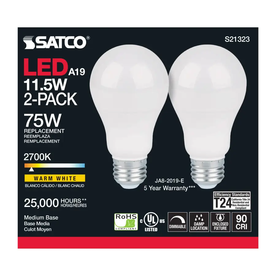 11.5 Watt - A19 LED - 90CRI - 2700K - Medium base - 220 deg. Beam Angle - 120 Volt - 1100 Lumens - CEC - 2-pack - Image 3