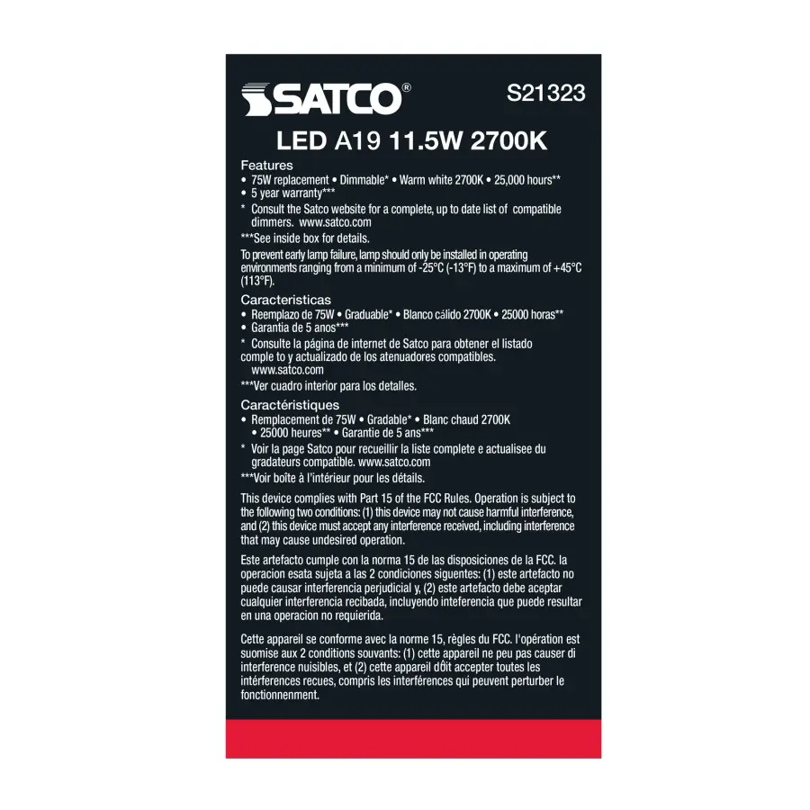 11.5 Watt - A19 LED - 90CRI - 2700K - Medium base - 220 deg. Beam Angle - 120 Volt - 1100 Lumens - CEC - 2-pack - Image 4