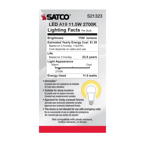 11.5 Watt - A19 LED - 90CRI - 2700K - Medium base - 220 deg. Beam Angle - 120 Volt - 1100 Lumens - CEC - 2-pack - Image 5