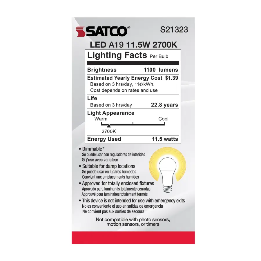 11.5 Watt - A19 LED - 90CRI - 2700K - Medium base - 220 deg. Beam Angle - 120 Volt - 1100 Lumens - CEC - 2-pack - Image 5