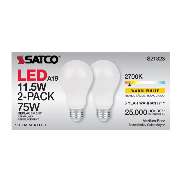 11.5 Watt - A19 LED - 90CRI - 2700K - Medium base - 220 deg. Beam Angle - 120 Volt - 1100 Lumens - CEC - 2-pack - Image 6