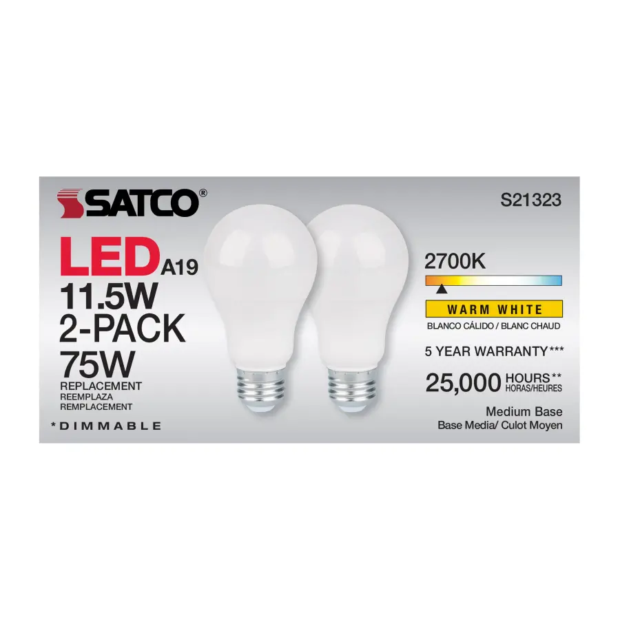 11.5 Watt - A19 LED - 90CRI - 2700K - Medium base - 220 deg. Beam Angle - 120 Volt - 1100 Lumens - CEC - 2-pack - Image 6
