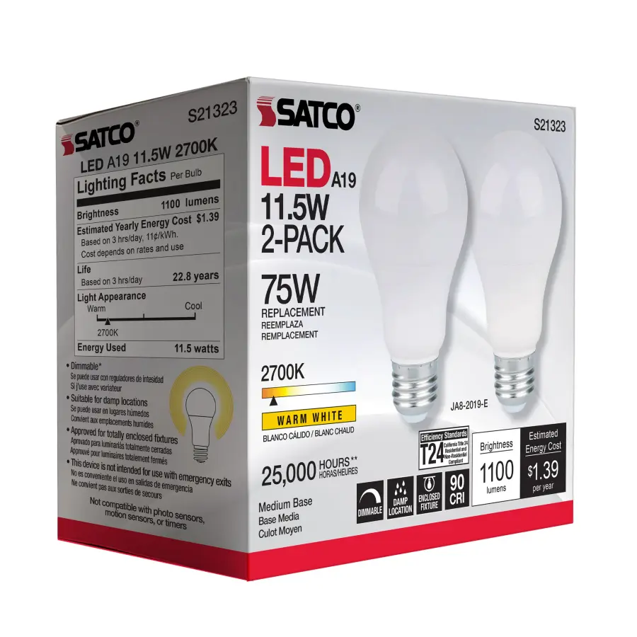 11.5 Watt - A19 LED - 90CRI - 2700K - Medium base - 220 deg. Beam Angle - 120 Volt - 1100 Lumens - CEC - 2-pack - Image 7