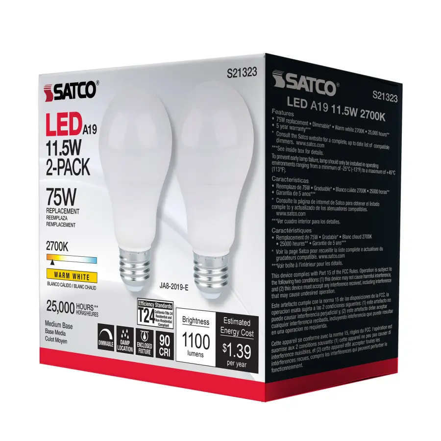 11.5 Watt - A19 LED - 90CRI - 2700K - Medium base - 220 deg. Beam Angle - 120 Volt - 1100 Lumens - CEC - 2-pack - Image 8