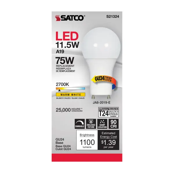 11.5 Watt - A19 LED - 90CRI - 2700K - GU24 base - 220 deg. Beam Angle - 120 Volt - 1100 Lumens - CEC - Image 3
