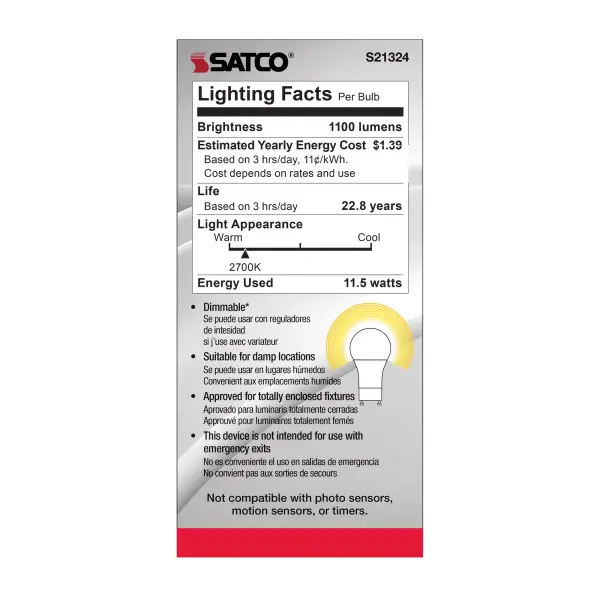 11.5 Watt - A19 LED - 90CRI - 2700K - GU24 base - 220 deg. Beam Angle - 120 Volt - 1100 Lumens - CEC - Image 6