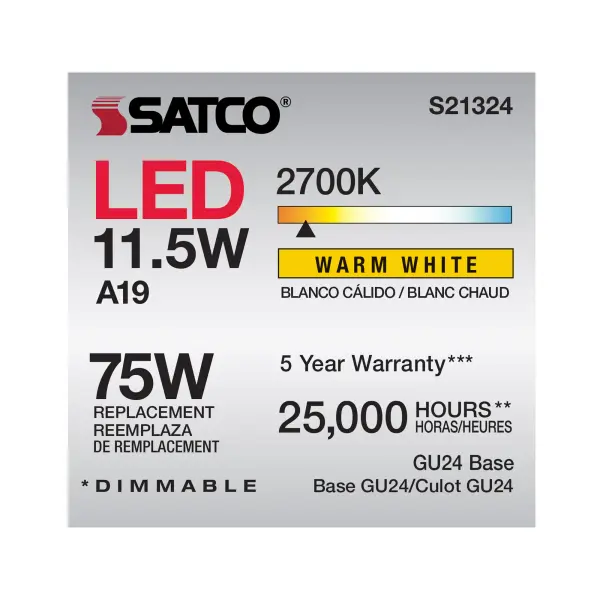 11.5 Watt - A19 LED - 90CRI - 2700K - GU24 base - 220 deg. Beam Angle - 120 Volt - 1100 Lumens - CEC - Image 7