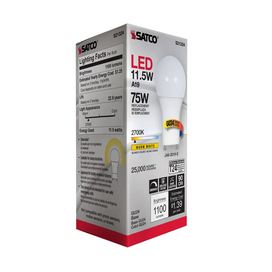 11.5 Watt - A19 LED - 90CRI - 2700K - GU24 base - 220 deg. Beam Angle - 120 Volt - 1100 Lumens - CEC - Image 8