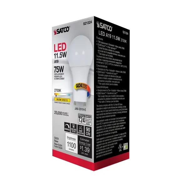 11.5 Watt - A19 LED - 90CRI - 2700K - GU24 base - 220 deg. Beam Angle - 120 Volt - 1100 Lumens - CEC - Image 9