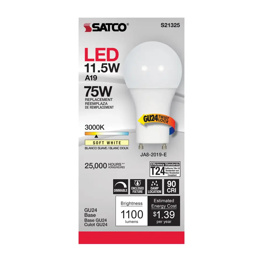 11.5 Watt - A19 LED - 90CRI - 3000K - GU24 base - 220 deg. Beam Angle - 120 Volt - 1100 Lumens - CEC - Image 2