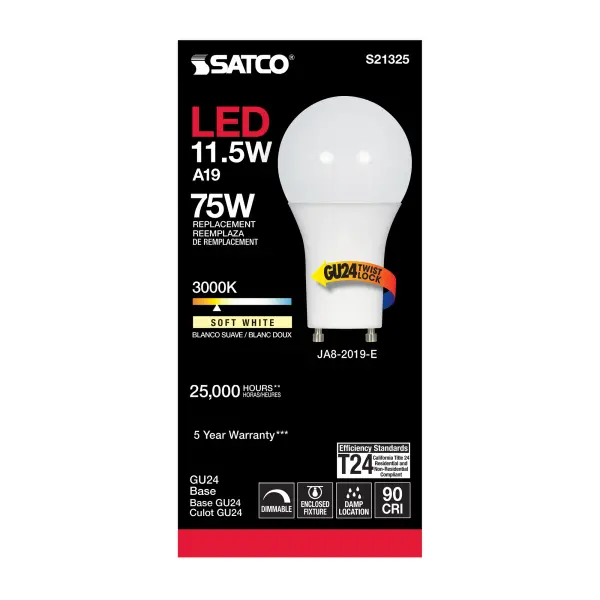 11.5 Watt - A19 LED - 90CRI - 3000K - GU24 base - 220 deg. Beam Angle - 120 Volt - 1100 Lumens - CEC - Image 3