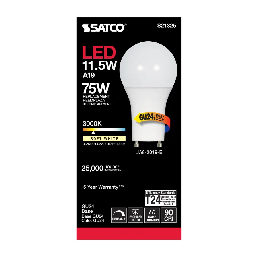 11.5 Watt - A19 LED - 90CRI - 3000K - GU24 base - 220 deg. Beam Angle - 120 Volt - 1100 Lumens - CEC - Image 3
