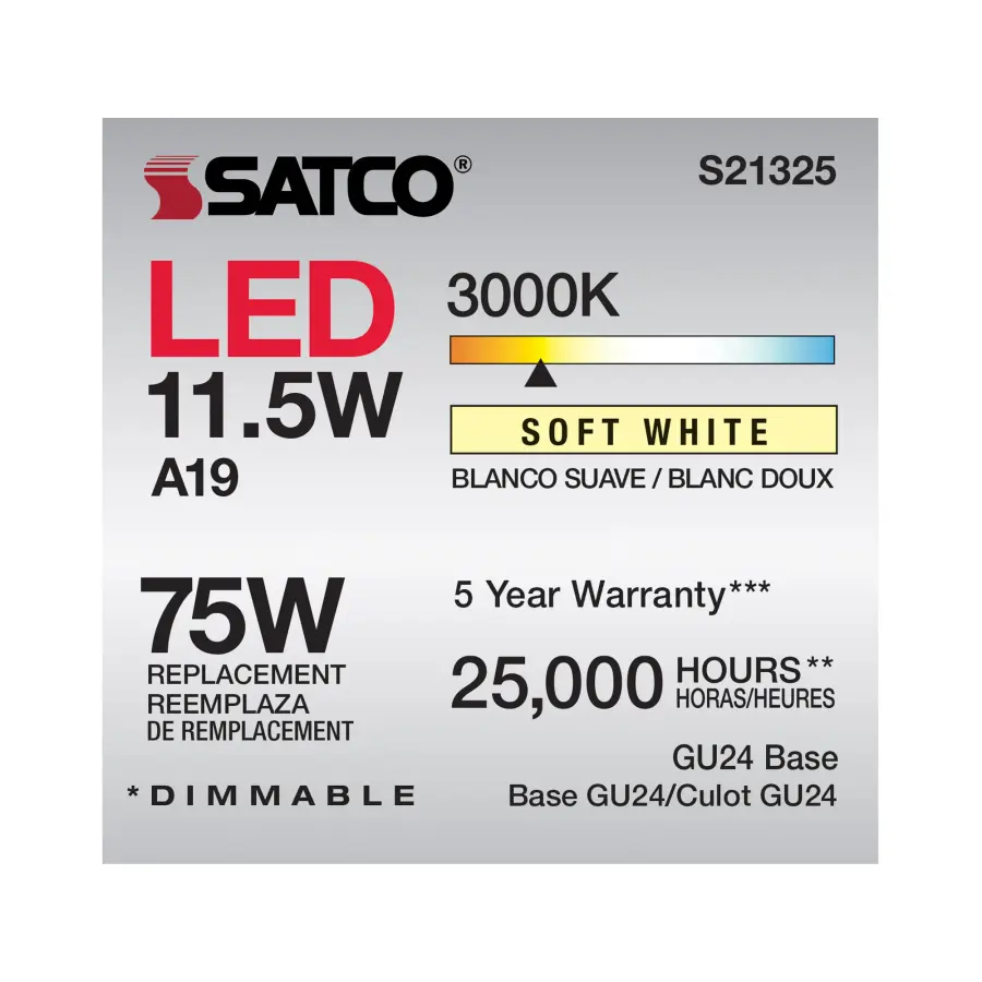 11.5 Watt - A19 LED - 90CRI - 3000K - GU24 base - 220 deg. Beam Angle - 120 Volt - 1100 Lumens - CEC - Image 6
