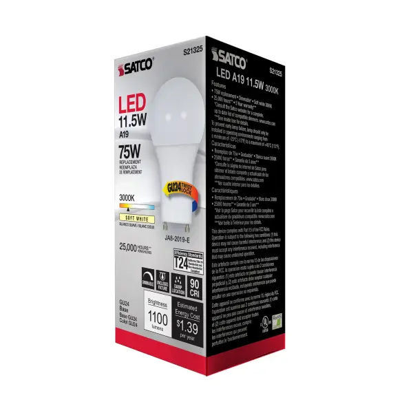 11.5 Watt - A19 LED - 90CRI - 3000K - GU24 base - 220 deg. Beam Angle - 120 Volt - 1100 Lumens - CEC - Image 8