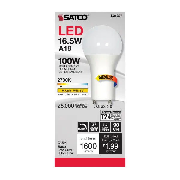 16.5 Watt - A19 LED - 90CRI - 2700K - GU24 base - 220 deg. Beam Angle - 120 Volt - 1600 Lumens - CEC - Image 2
