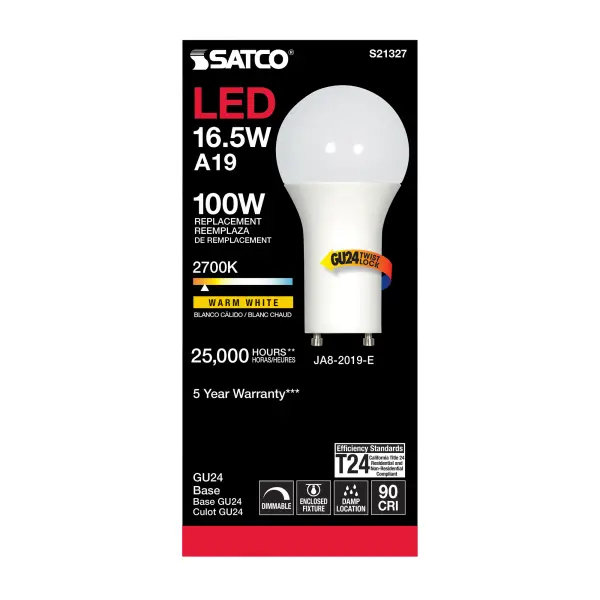 16.5 Watt - A19 LED - 90CRI - 2700K - GU24 base - 220 deg. Beam Angle - 120 Volt - 1600 Lumens - CEC - Image 3