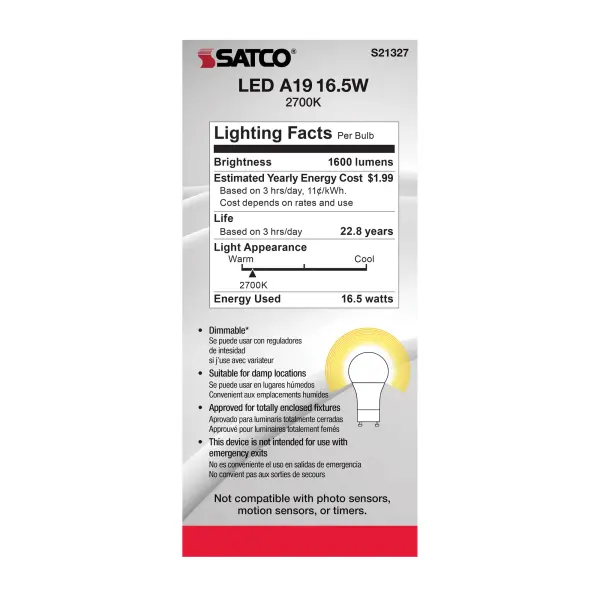 16.5 Watt - A19 LED - 90CRI - 2700K - GU24 base - 220 deg. Beam Angle - 120 Volt - 1600 Lumens - CEC - Image 5