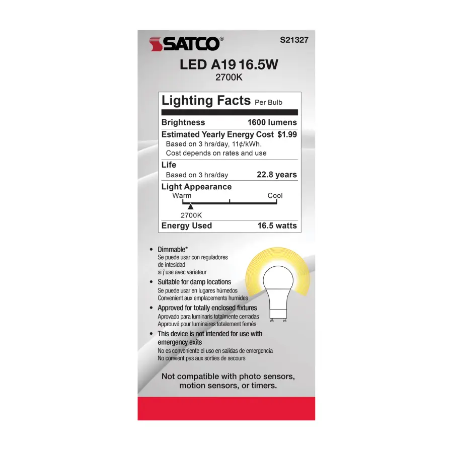 16.5 Watt - A19 LED - 90CRI - 2700K - GU24 base - 220 deg. Beam Angle - 120 Volt - 1600 Lumens - CEC - Image 5