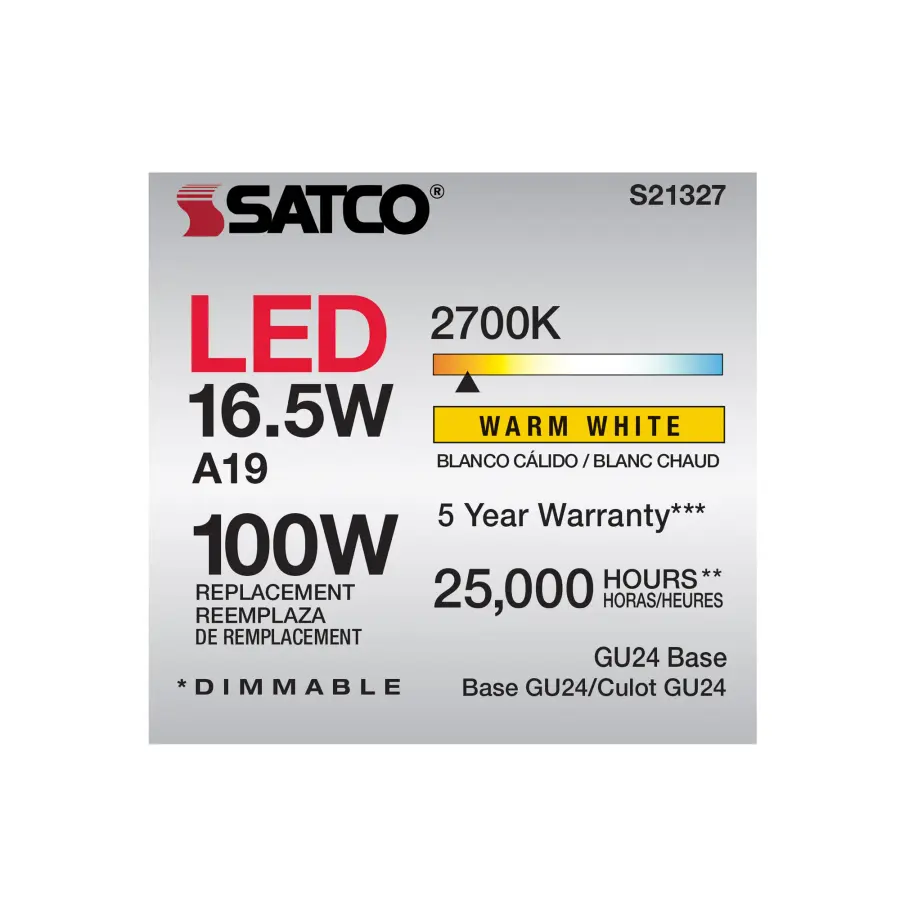 16.5 Watt - A19 LED - 90CRI - 2700K - GU24 base - 220 deg. Beam Angle - 120 Volt - 1600 Lumens - CEC - Image 6