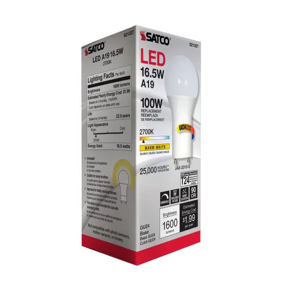 16.5 Watt - A19 LED - 90CRI - 2700K - GU24 base - 220 deg. Beam Angle - 120 Volt - 1600 Lumens - CEC - Image 7
