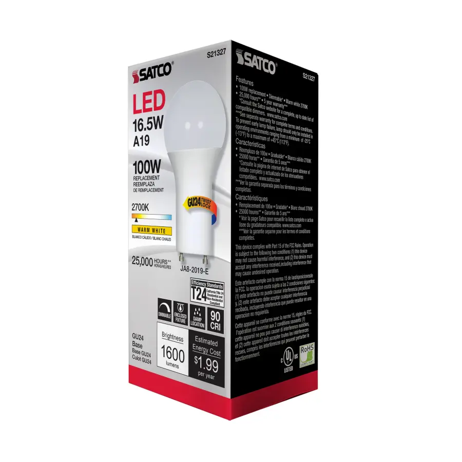 16.5 Watt - A19 LED - 90CRI - 2700K - GU24 base - 220 deg. Beam Angle - 120 Volt - 1600 Lumens - CEC - Image 8