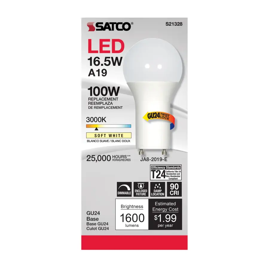 16.5 Watt - A19 LED - 90CRI - 3000K - GU24 base - 220 deg. Beam Angle - 120 Volt - 1600 Lumens - CEC - Image 2