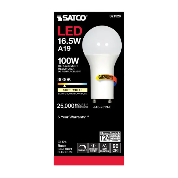 16.5 Watt - A19 LED - 90CRI - 3000K - GU24 base - 220 deg. Beam Angle - 120 Volt - 1600 Lumens - CEC - Image 3