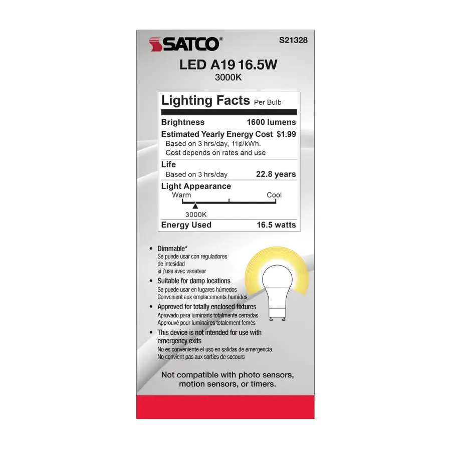 16.5 Watt - A19 LED - 90CRI - 3000K - GU24 base - 220 deg. Beam Angle - 120 Volt - 1600 Lumens - CEC - Image 5