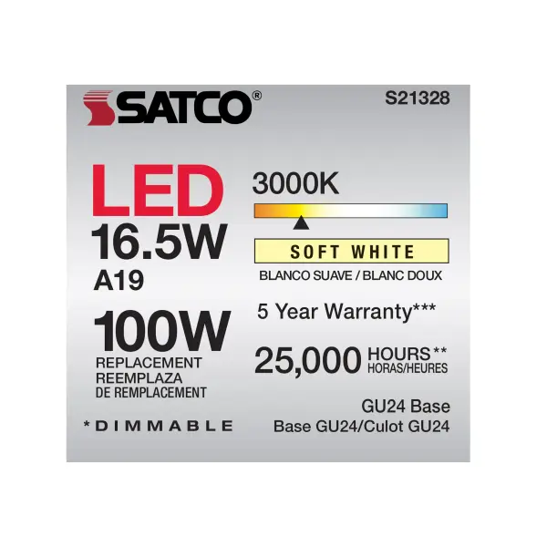 16.5 Watt - A19 LED - 90CRI - 3000K - GU24 base - 220 deg. Beam Angle - 120 Volt - 1600 Lumens - CEC - Image 6
