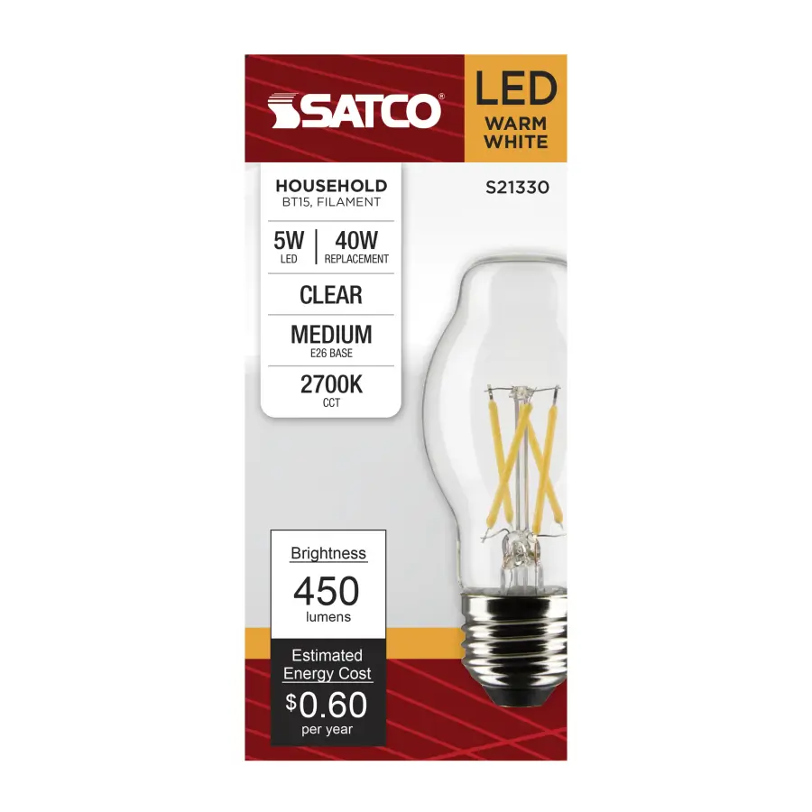 5 Watt BT15 LED Filament - Clear - Medium base - 90 CRI - 2700K - 120 Volt - Image 4