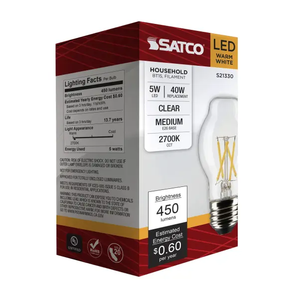 5 Watt BT15 LED Filament - Clear - Medium base - 90 CRI - 2700K - 120 Volt - Image 8
