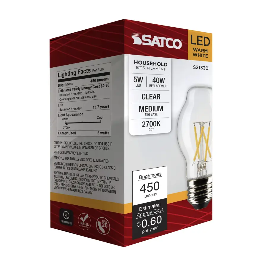 5 Watt BT15 LED Filament - Clear - Medium base - 90 CRI - 2700K - 120 Volt - Image 8