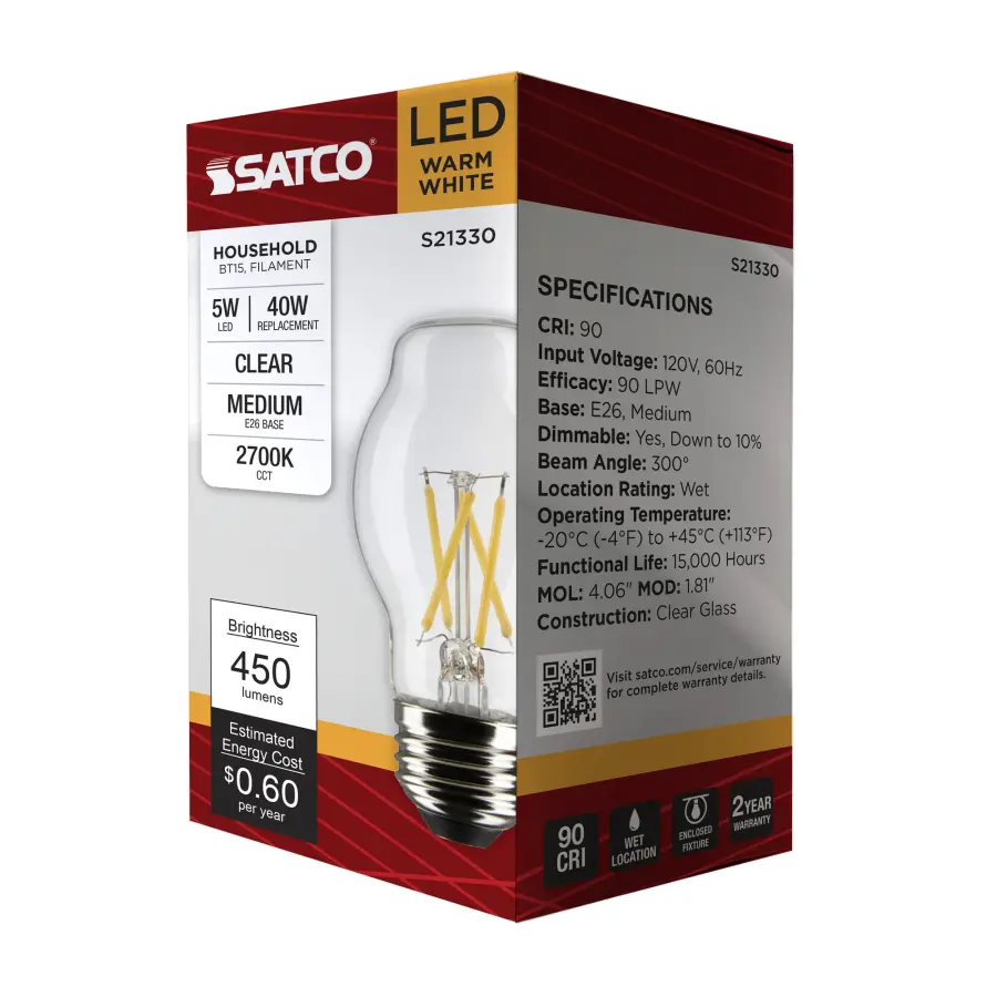 5 Watt BT15 LED Filament - Clear - Medium base - 90 CRI - 2700K - 120 Volt - Image 9