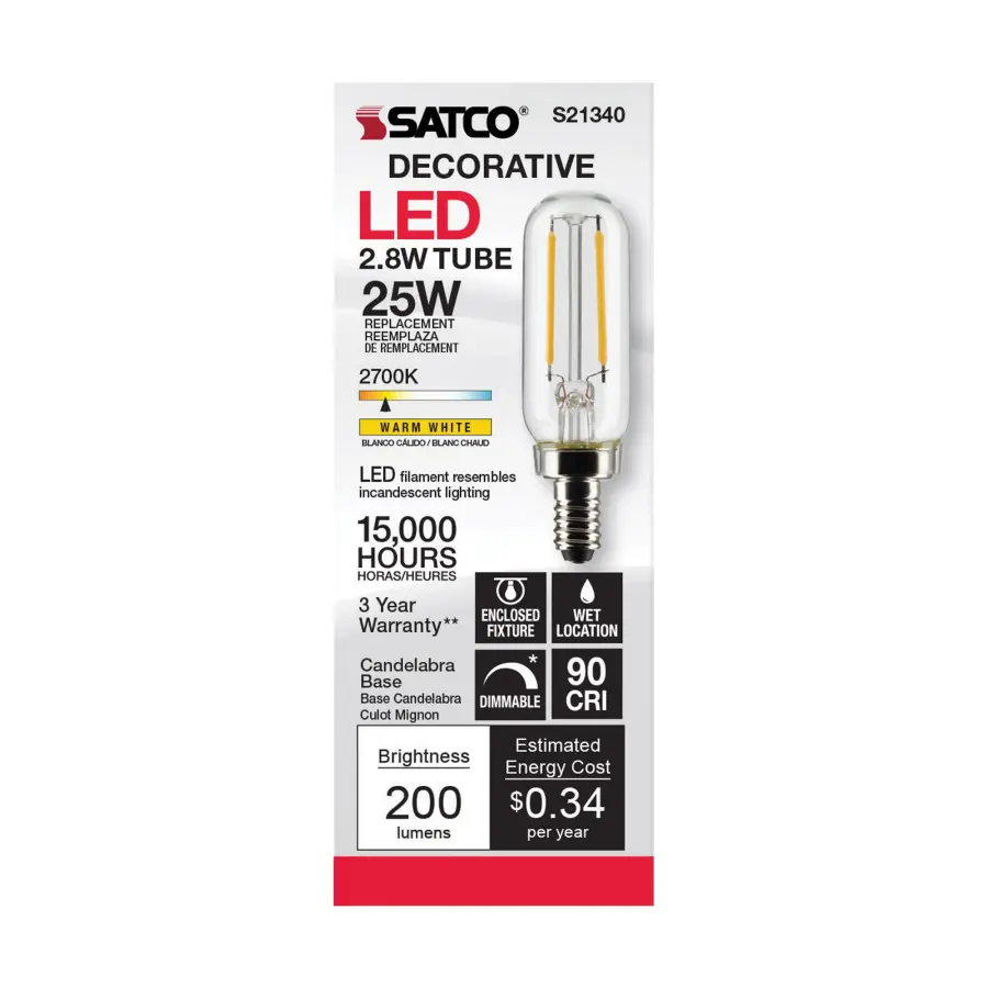 2.8 Watt T6 LED Filament - Clear - Candelabra base - 90 CRI - 2700K - 120 Volt - Image 5