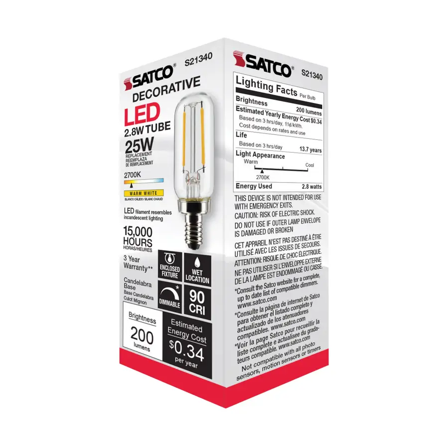 2.8 Watt T6 LED Filament - Clear - Candelabra base - 90 CRI - 2700K - 120 Volt - Image 9