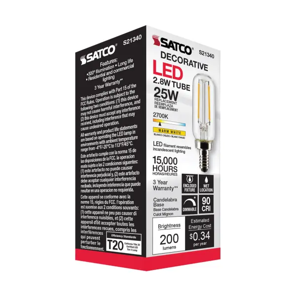 2.8 Watt T6 LED Filament - Clear - Candelabra base - 90 CRI - 2700K - 120 Volt - Image 10