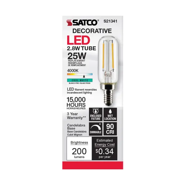 2.8 Watt T6 LED Filament - Clear - Candelabra base - 90 CRI - 4000K - 120 Volt - Image 4