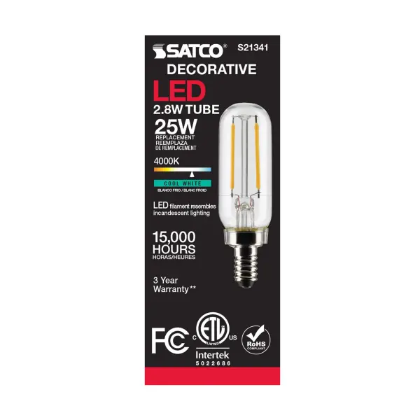 2.8 Watt T6 LED Filament - Clear - Candelabra base - 90 CRI - 4000K - 120 Volt - Image 5