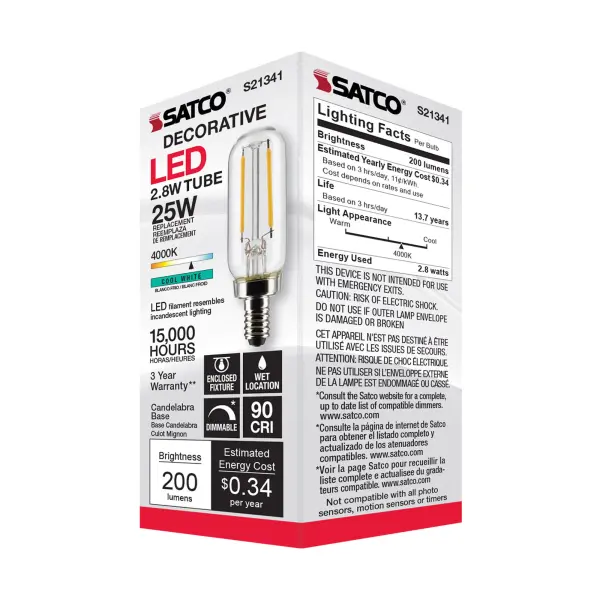 2.8 Watt T6 LED Filament - Clear - Candelabra base - 90 CRI - 4000K - 120 Volt - Image 8