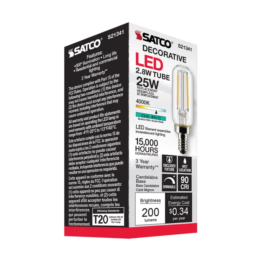 2.8 Watt T6 LED Filament - Clear - Candelabra base - 90 CRI - 4000K - 120 Volt - Image 9