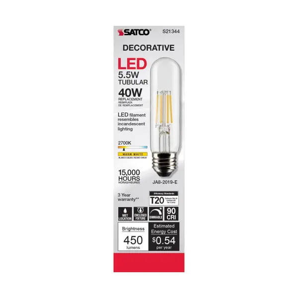 5.5 Watt T10 LED Filament - Clear - Medium base - 90 CRI - 2700K - 120 Volt - Image 5