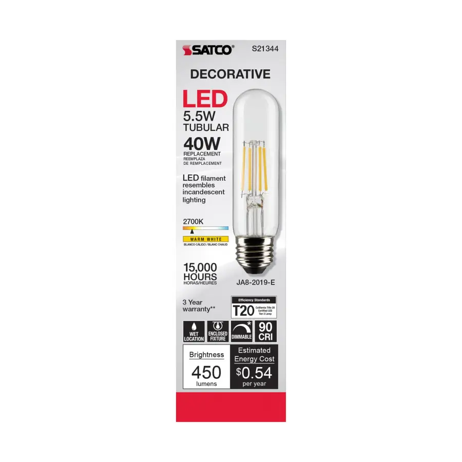 5.5 Watt T10 LED Filament - Clear - Medium base - 90 CRI - 2700K - 120 Volt - Image 5