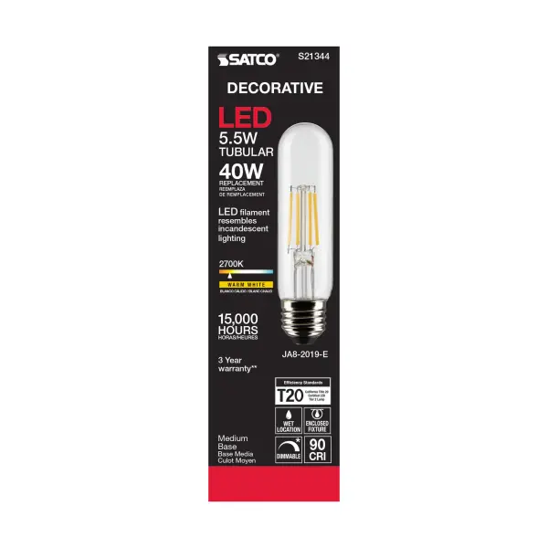 5.5 Watt T10 LED Filament - Clear - Medium base - 90 CRI - 2700K - 120 Volt - Image 6